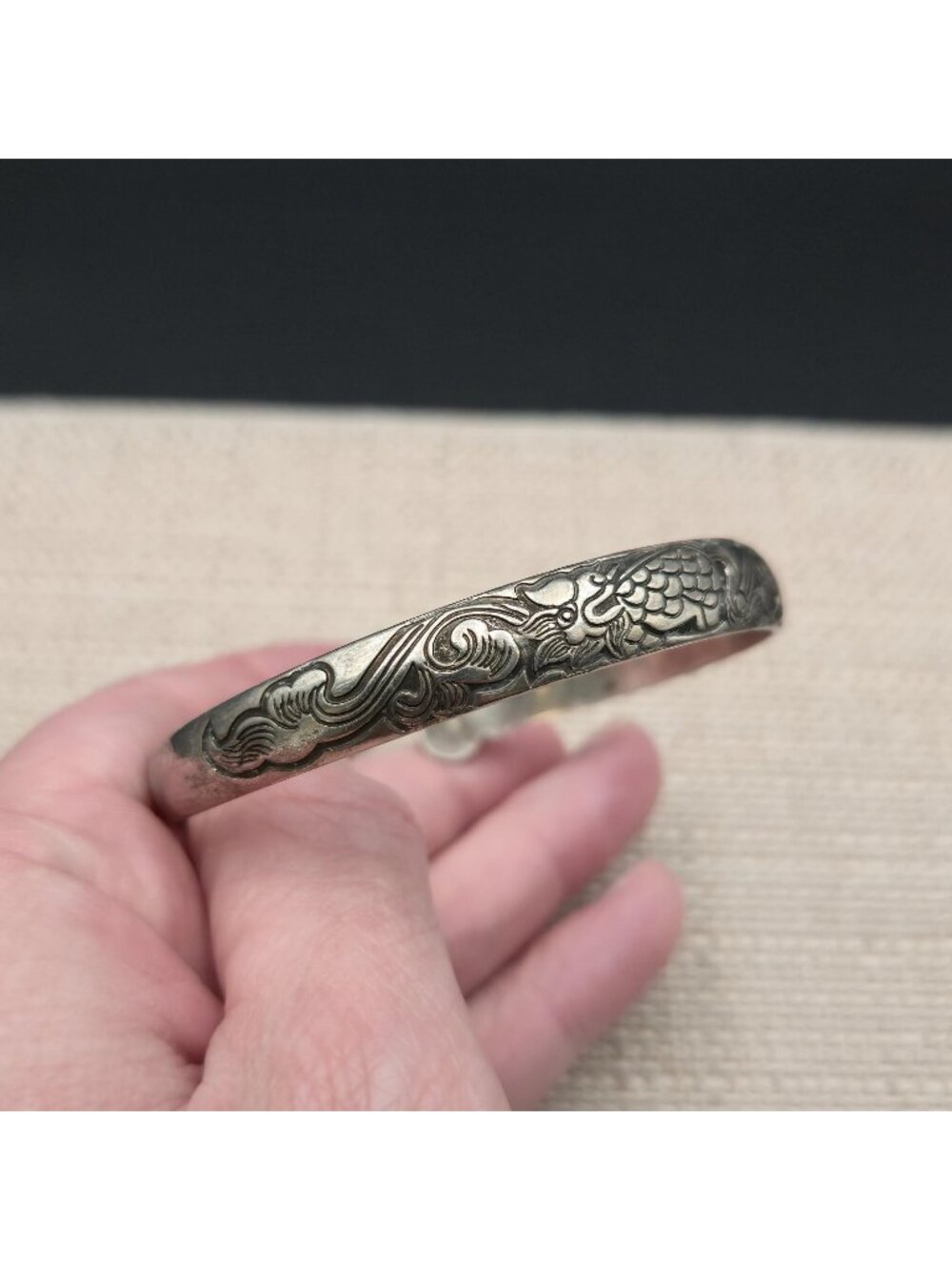 7.5 Inch Vintage Dragon Koi Fish Embossed Cuff Bangle Bracelet B1527 - Picture 2 of 6